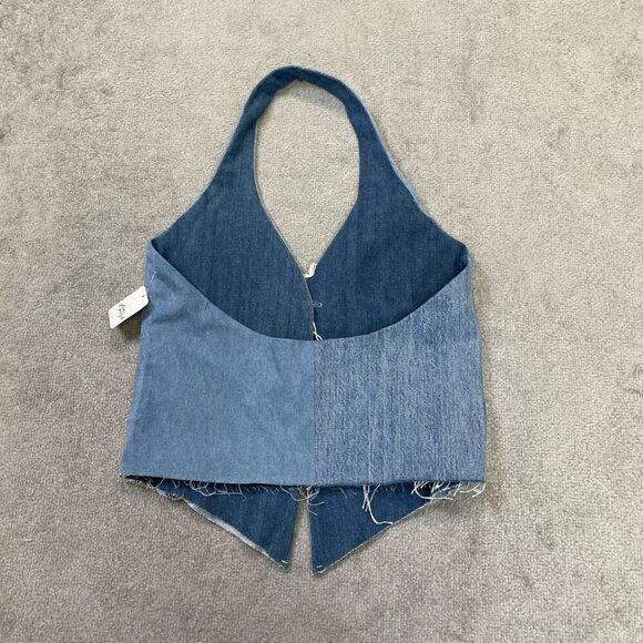 Free People X Tricia Fix Womens Two Tone Split Denim Halter Vest Blue XS NWT - Picture 6 of 7